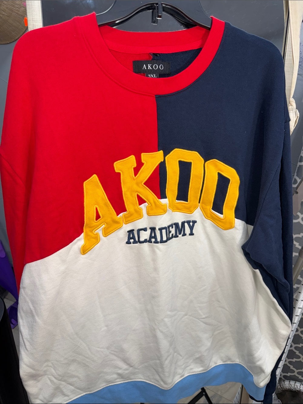 Akoo Red/Navy/White Colorblock 'AKOO Academy' Sweatshirt with Yellow Appliqué